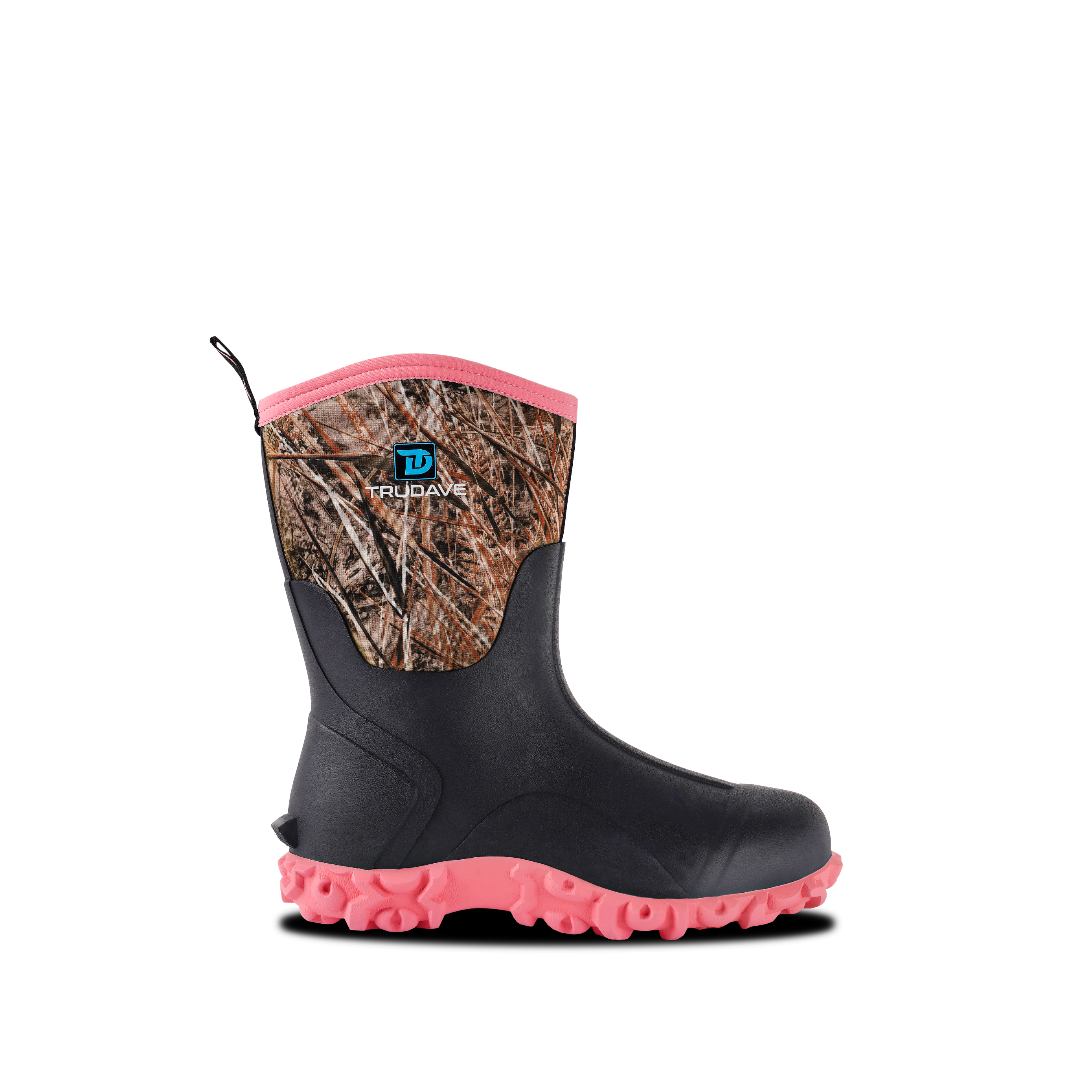 Side view of Trudave MudTrek Series mid-calf waterproof rubber rain boots – pink camo design featuring durable waterproof shell and slip-resistant sole for everyday rain and outdoor use